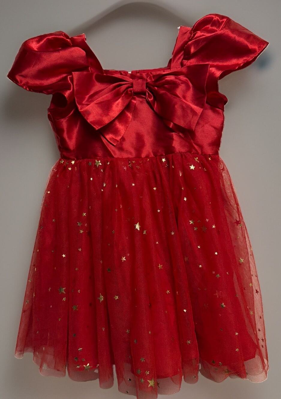 Audrey Camille Holiday Dress W/ Gold Stars Satin Bow Tulle Red Girls 4T